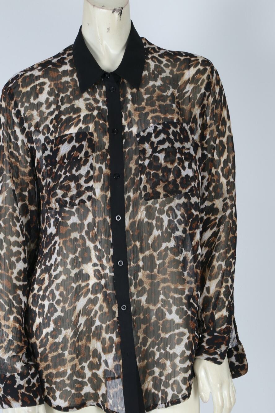 BELLATRIX Sheer Cheetah Leopard Print Button Down Blouse Black Trim Size Size S